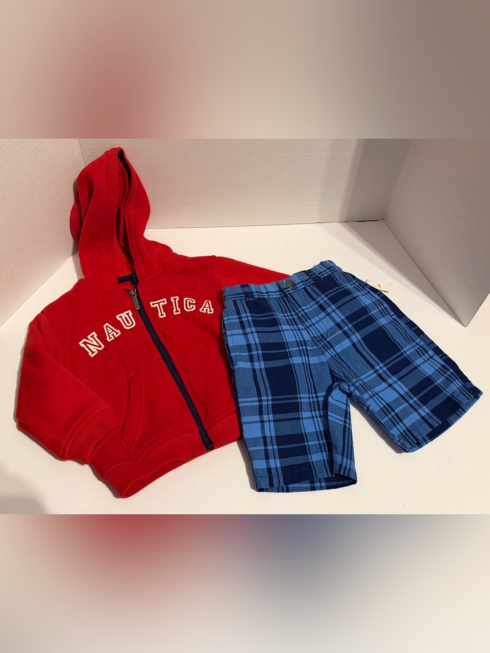 Nautica Red Zip Hoodie with Blue Plaid Shorts
